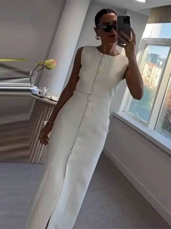 Costume sans manches à lacets robe mi-longue femmes élégant col rond simple boutonnage coupe ajustée Robes de soirée