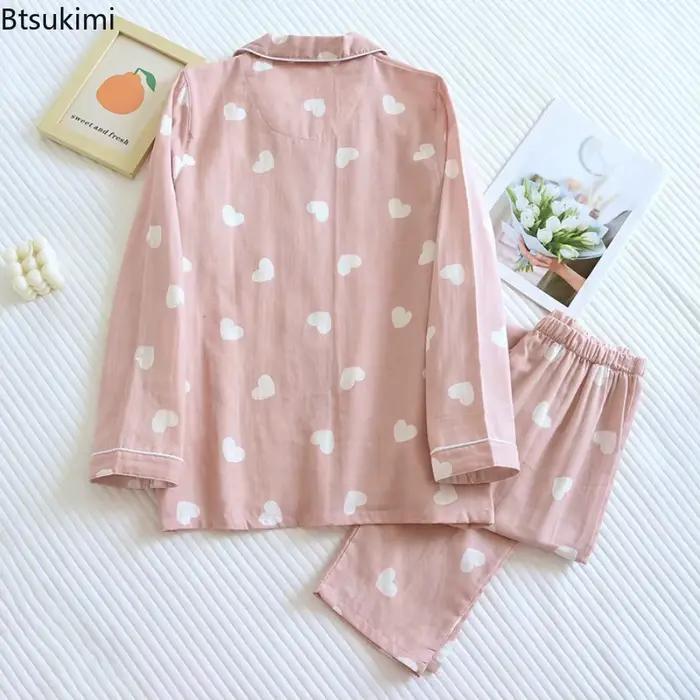 100% coton gaze pyjamas pour femmes amour coeur imprimé Sweety vêtements de nuit 2026 printemps automne