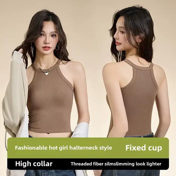 Haut Camisole à col licou fileté avec soutien-gorge intégré, haute élasticité, écharpe ajustée, bonnet fixe, sous-vêtements respirants pour femmes