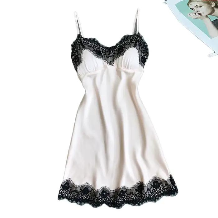 Dames Sexy soie Satin robe de nuit sans manches nuisettes col en v chemise