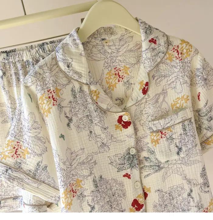 Pyjama d'été 2026 pour femme, ensemble 2 pièces en gaze 100 % coton, imprimé peinture à l'encre, vêtements de nuit et de détente