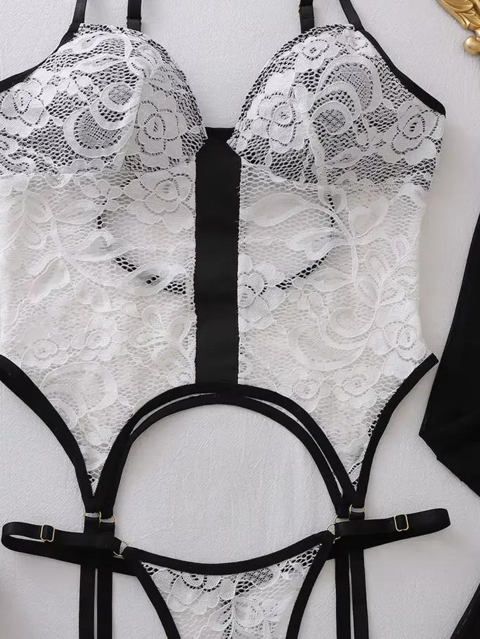 Ensemble de lingerie élégant pour femme Belamimi Willowy, corset et string 2 pièces avec bas, motif floral, baleines et volants, kit intime amincissant