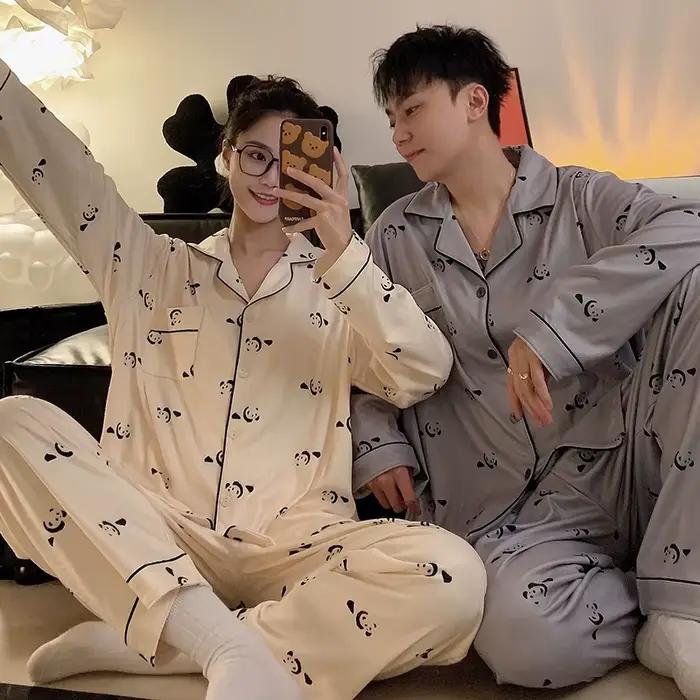 Pyjamas femmes pyjama homme ensemble coton grande taille printemps automne à manches longues coréen Cardigan décontracté col en v vêtements de nuit Couple pyjamas