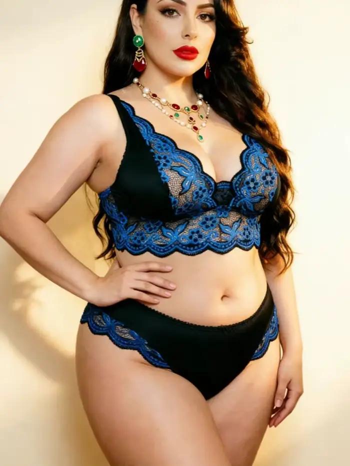 Ensemble de lingerie sexy en dentelle noire et bleue pour femmes grandes tailles avec broderie florale - Culotte et bralette à bretelles réglables