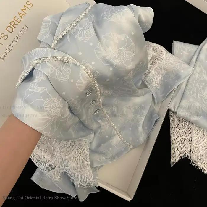 Grande taille 4XL femme 2 pièces Pyjamas ensemble vêtements de détente douce fille imprimer fleur déshabillé en dentelle à manches longues Pijamas soie Satin Homewear