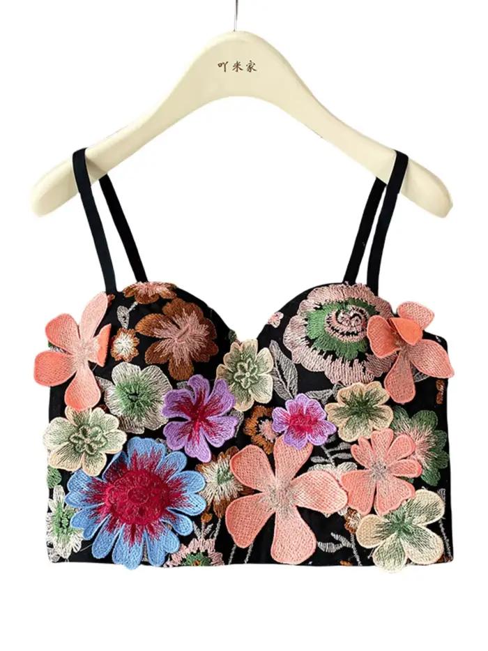 Foamlina 3D Floral minceur haut à licou soutien-gorge femmes 2025 été européen romantique lourd embelli culture Corset Bustier Club