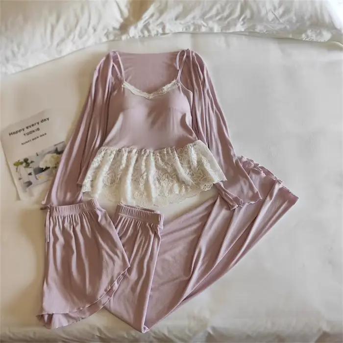 Pyjama Modal décontracté pour femmes, ensemble 4 pièces en dentelle coréenne, manches longues, vêtements de maison, automne hiver, vêtements de nuit pour dames