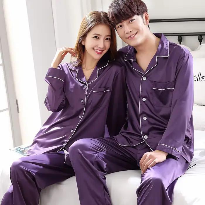 Couleur unie vêtements de nuit soie Satin Pyjamas Couple ensemble Long boutonné