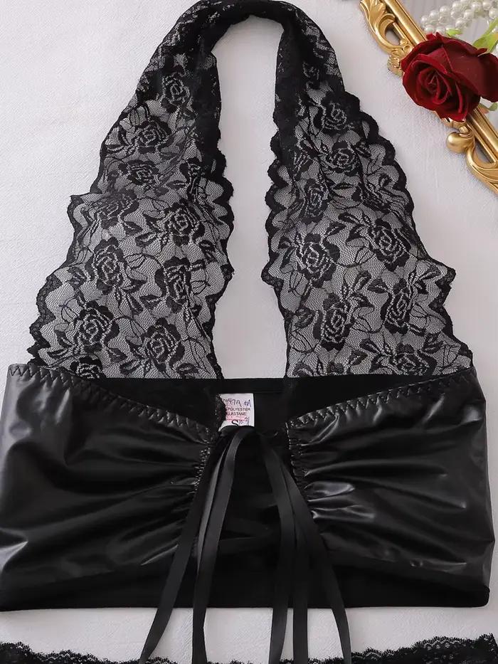 Lingerie sexy en PVC, Babydoll en dentelle, sous-vêtements, costumes à bretelles fines, Teddies, vêtements de nuit, costumes de fête en boîte de nuit, mini-jupe : S-L