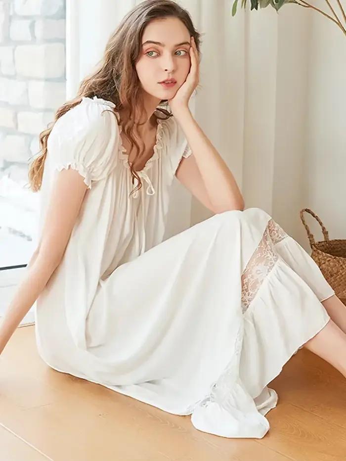 Chemise de nuit blanche à volants en coton pour femmes, vêtements de nuit dégradés, manches courtes, princesse victorienne, vintage, Lolita, adt Peignoir