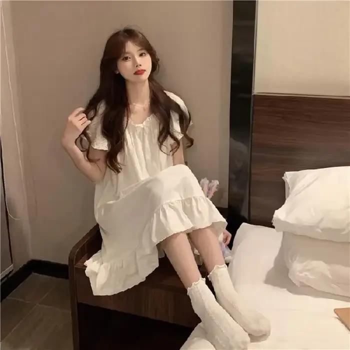 Chemise de nuit Style princesse à manches longues, ample, grande taille, peut être portée à l'extérieur de la maison, pyjama d'été en dentelle blanche pour femmes, corée