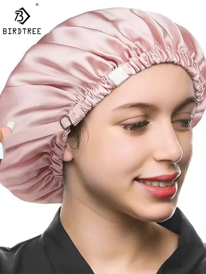 Bonnet en soie véritable 100% Birdtree 16MM, bonnet de nuit double couche pour femme, bandeau élastique pour cheveux A34324M
