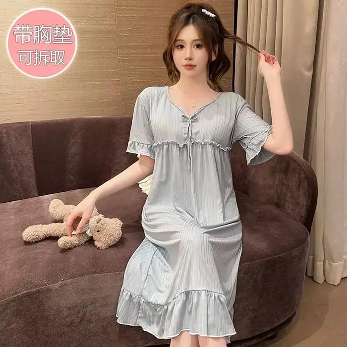 Chemise de nuit sexy en dentelle à manches courtes pour femmes, vêtements de nuit mignons, chemise de nuit à col en V, chemise de nuit en coton, chemise de nuit pour la maison, grande taille, été chau