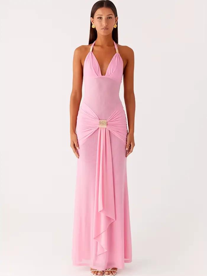 Robe longue sexy Mozision à col halter et décolleté plongeant pour femme