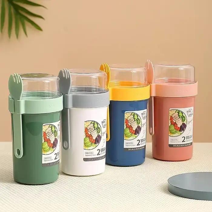 Boîte à déjeuner Bento pour salade, flocons d'avoine, petit déjeuner, Double tasse, céréales, noix, yaourt, ensemble de récipients avec support pour pansement, fourchette, préparation des repas