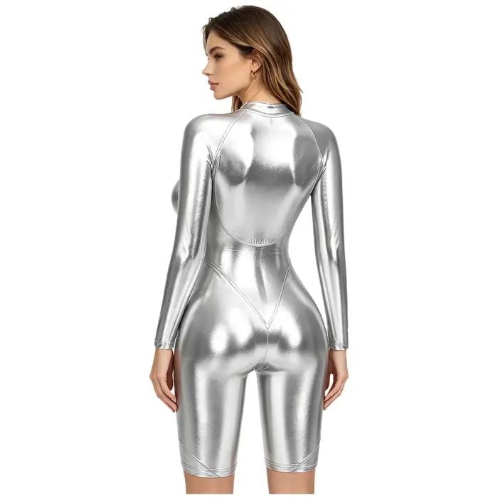 Combinaison moulante irisée à manches longues pour femme, effet métallisé brillant, short, maillot de bain une pièce, tenue de soirée disco