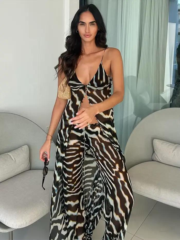 Ensemble Chic Femme 2026 pour Vacances : Haut Débardeur Long Col V et Pantalon Large en Chiffon Transparent Imprimé Zèbre – Tenue Décontractée Tendance