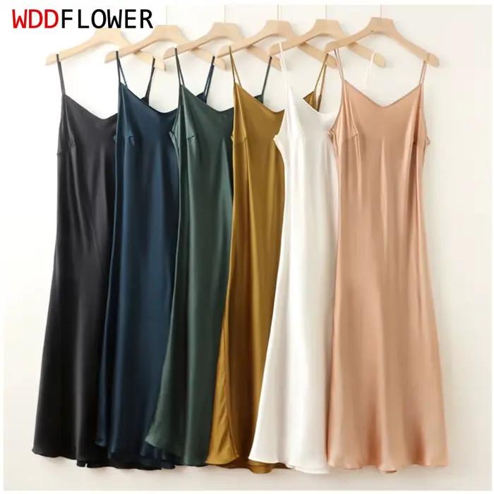 Chemise de nuit en soie charmeuse 100% soie de mûrier 22 momme, couleurs unies, robe midi pour femme, bretelles réglables, FF079
