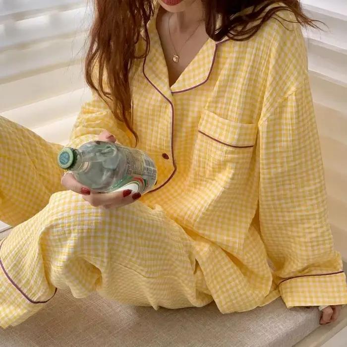 Pyjamas en coton pour femmes vêtements de nuit coréens femme 2 pièces ensemble Pijama Plaid