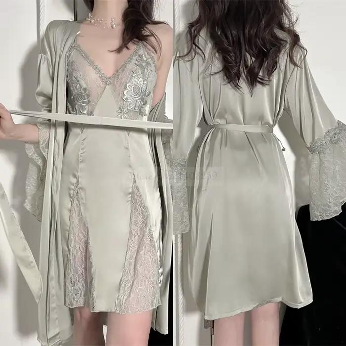Robe de nuit brodée sexy en polyester satiné et rayonne pour femmes, ensemble de vêtements de nuit, patchwork de dentelle, décontracté pour la maison, été et hiver