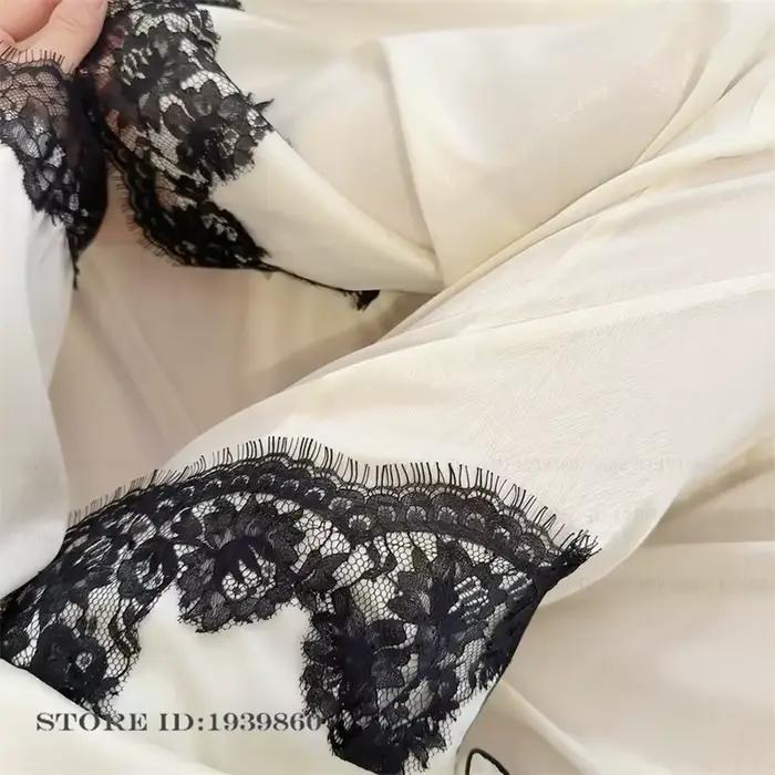 Élégant femme à manches longues pyjamas ensemble vêtements de salon Sexy Patchwork déshabillé en dentelle Pijama