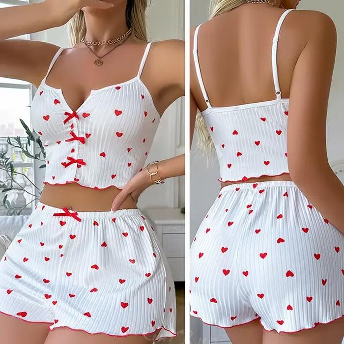 Vêtements de nuit femmes pyjamas ensemble coeur imprimé tissu côtelé doux avec glamour volants garniture décontracté