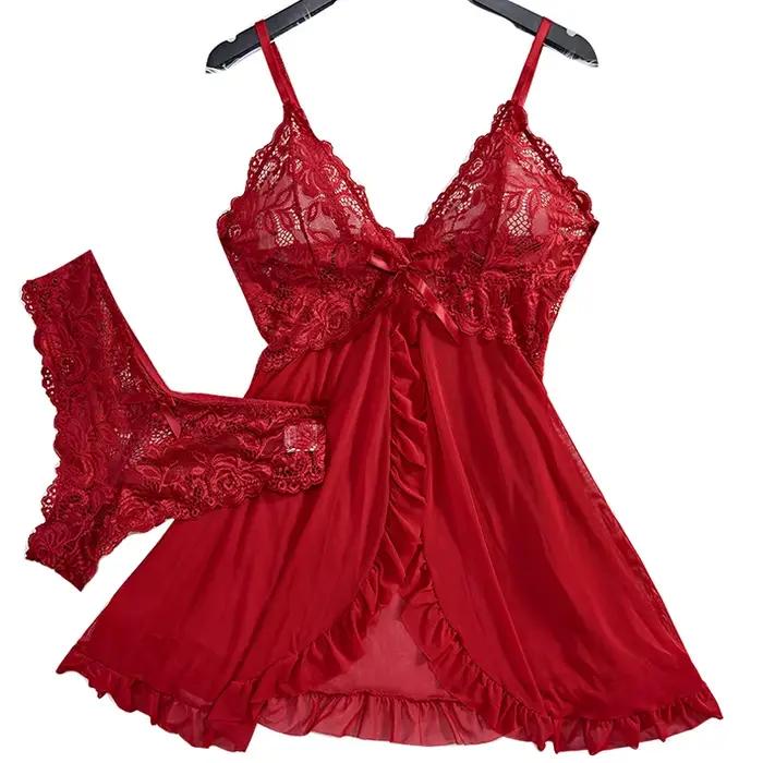 Transparent rouge Sexy Lingerie sous-vêtements pour femmes voir à travers les vêtements de nuit dentelle chemise