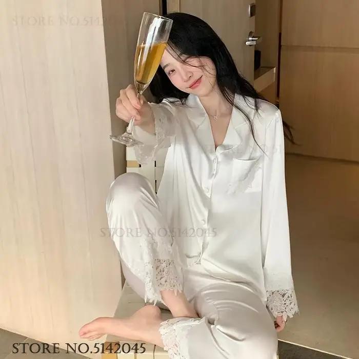 Ensemble de pyjamas de luxe pour femmes en satin de soie avec dentelle, vêtements de nuit élégants pour la maison et occasions spéciales