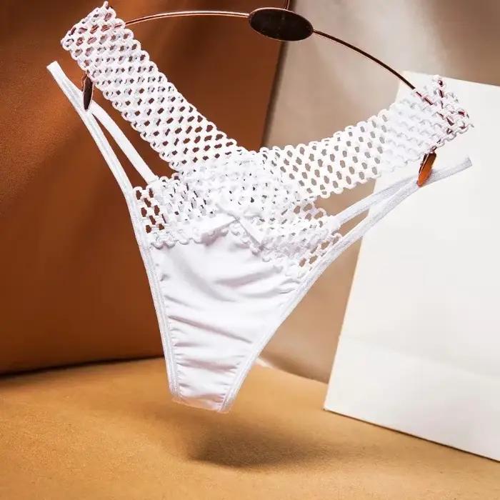 2024 Culottes pour femmes, string en soie glacée à découpe croisée, style sport, transparent, taille basse, avec rubans, lingerie sexy