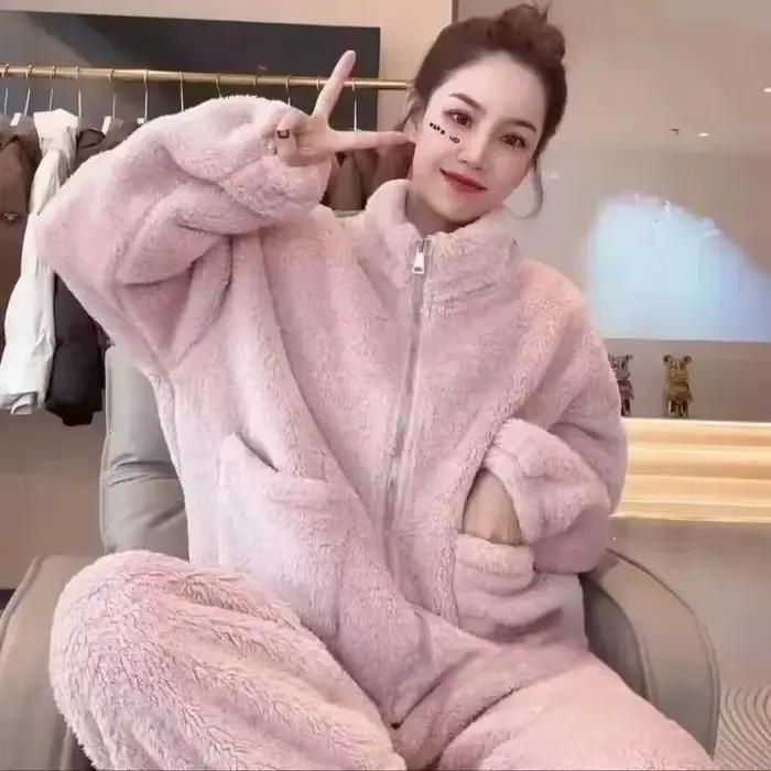 Polaire épais chaud femmes pyjamas ensemble hiver vêtements de nuit décontracté fermeture éclair corail flanelle veste