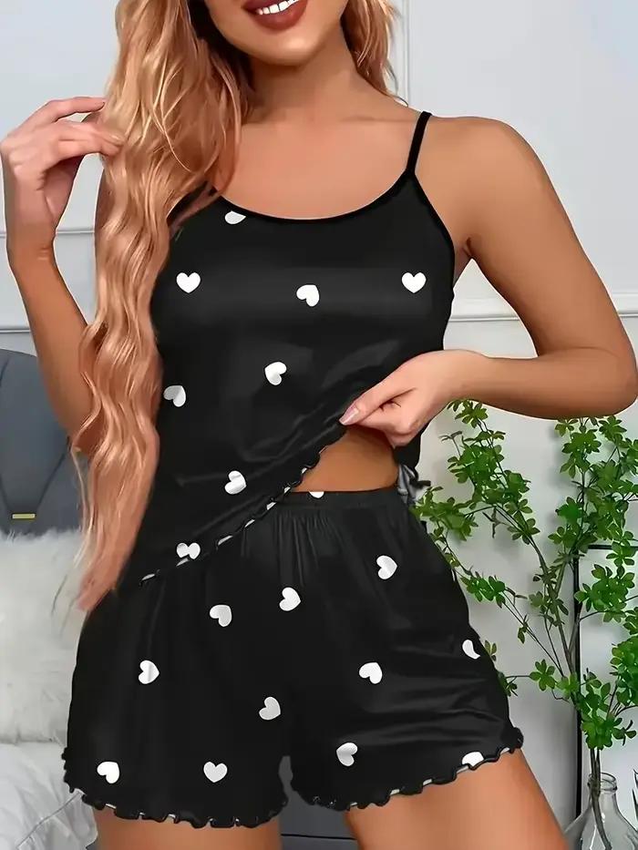 5 tailles choisir S M L XL 2XLWomen deux pièces jarretelles coeur imprimé haut et short femme décontracté