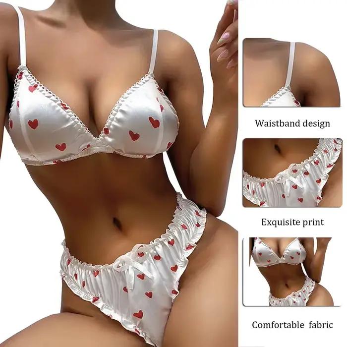 Ensemble de soutien-gorge sexy et mignon en satin à imprimé cœur pour filles et femmes