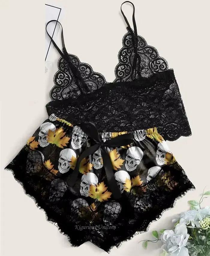 Halloween squelette imprimé pyjamas ensembles femmes dentelle Sexy Satin vêtements de nuit col en V sans manches