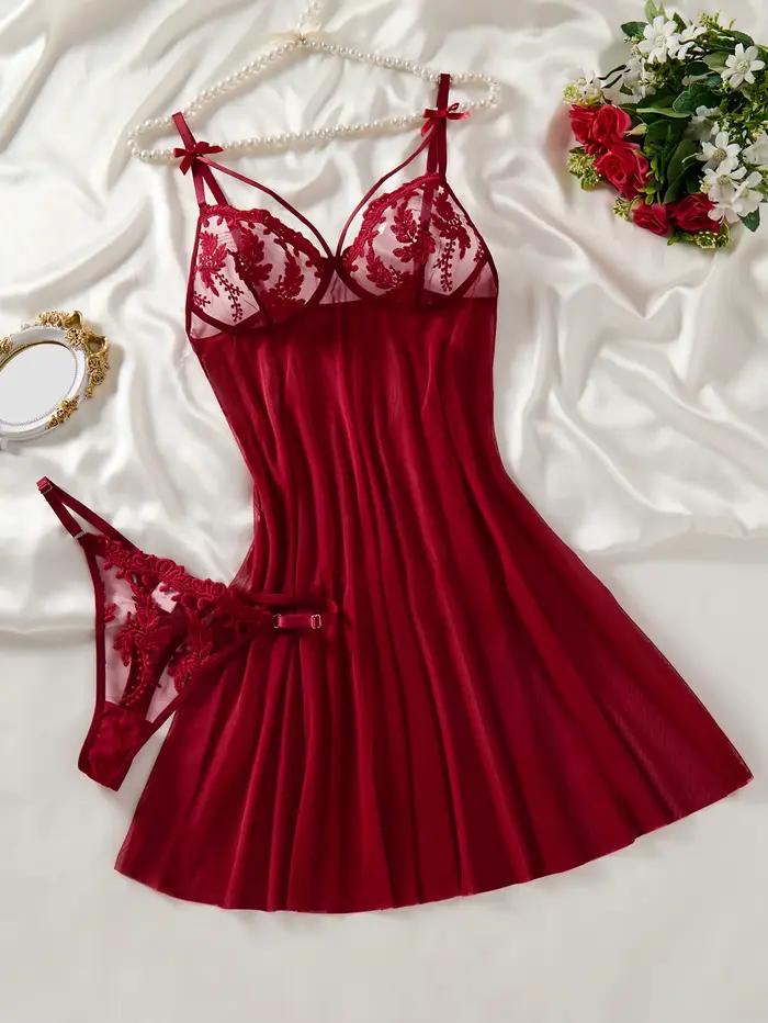 Chemise de nuit semi-transparente brodée d'oreilles de blé style campagne rouge vin pour femme