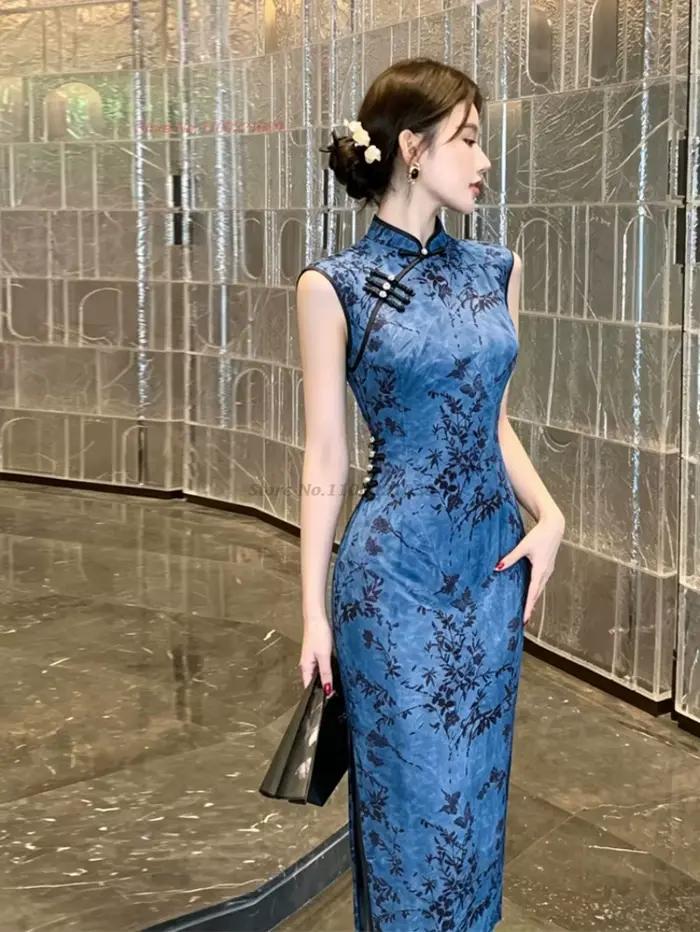 Robe de soirée orientale sexy 2026, style cheongsam amélioré, imprimé fleurs nationales, sans manches, en soie glacée floquée, qipao