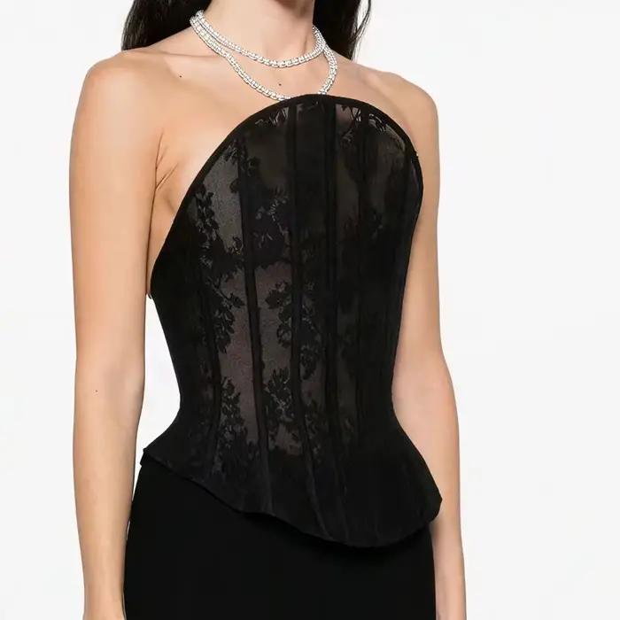 Bustier en dentelle noire transparente pour femmes, Corset Sexy sans bretelles, désossé, haut court, Slim Fit, bustier gothique, fête