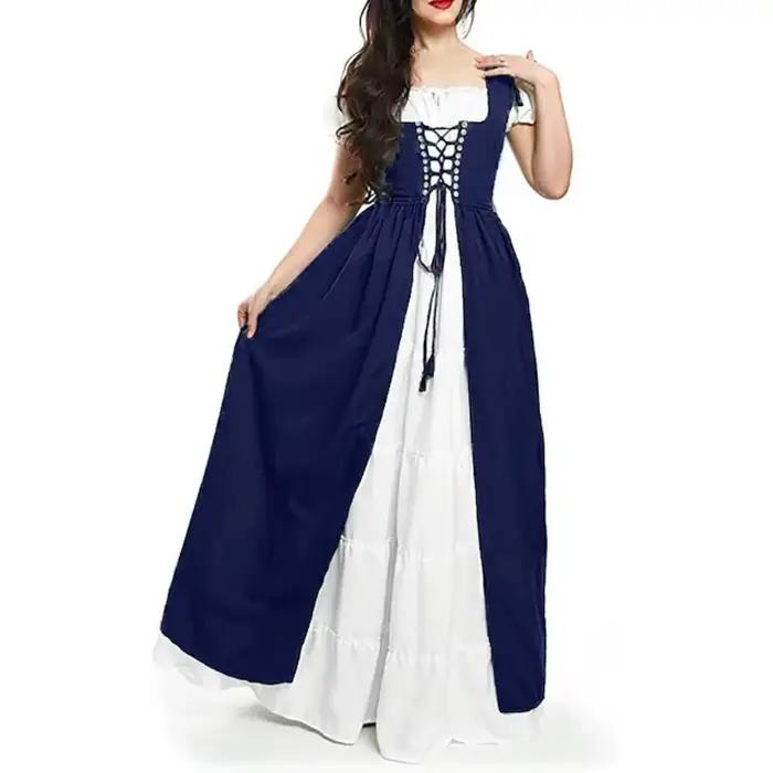 Robe corset de style cour médiévale à manches longues avec manches chauve-souris épaules dénudées et jupe longue évasée pour femme