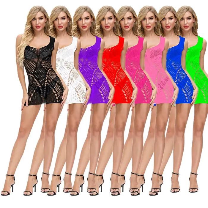Robes d'été femmes chaudes maille robes érotiques sexy club chemise de nuit robes de soirée robes dos nu creuses slips complets