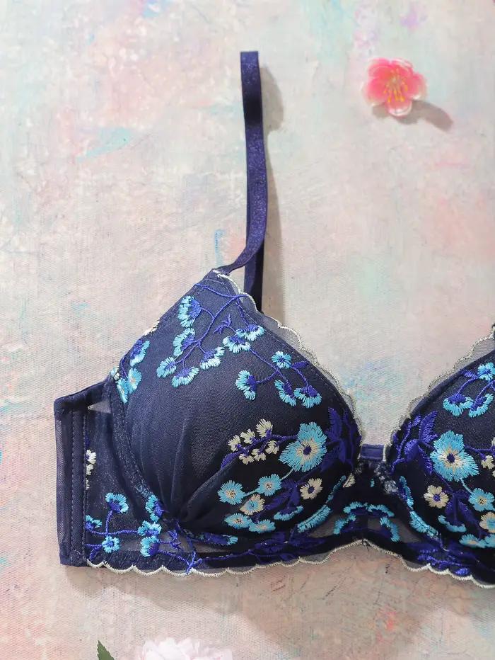 Soutien-gorge brodé floral en dentelle et résille avec armatures pour femmes, confortable et élégant pour toutes les occasions