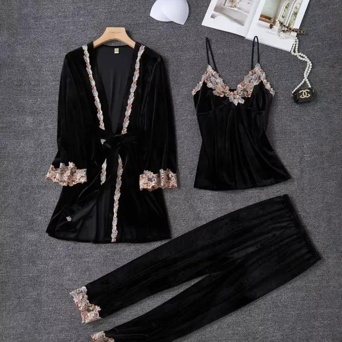 Nouveau velours pyjama costume femmes 3 pièces Robe chemise de nuit ensemble vêtements