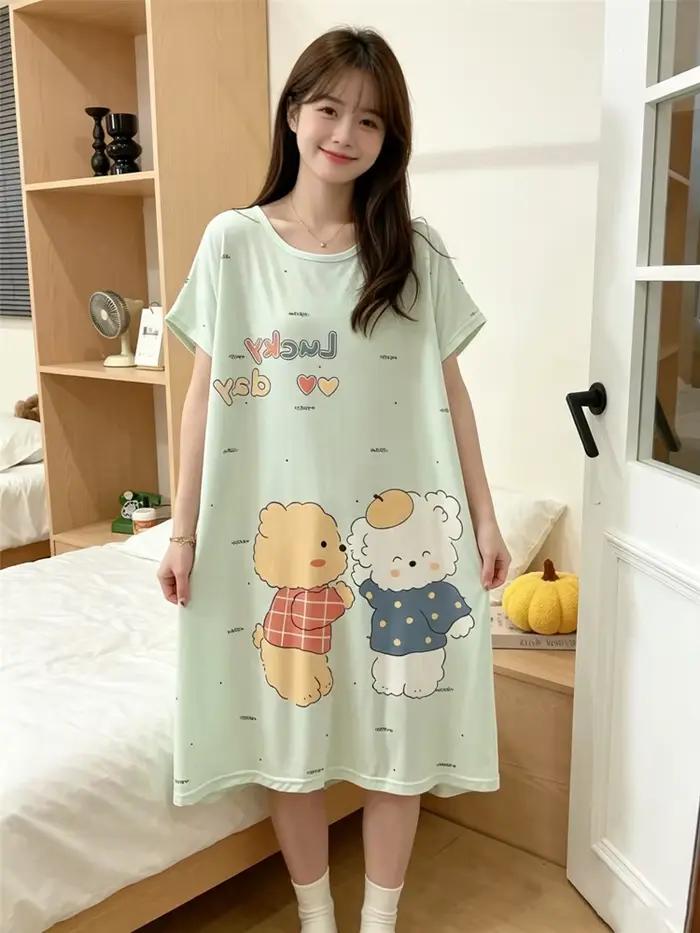 Chemise de nuit d'été ample grande taille pour femme, manches courtes, motif dessin animé mignon, tenue de nuit décontractée et douce pour filles