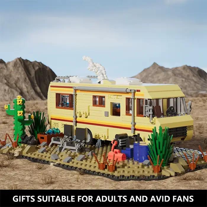 Blocs de construction de modèles de voitures, bus et camping-cars d'aventure, inspirés de la série Breaking Bad, pour les fans passionnés.