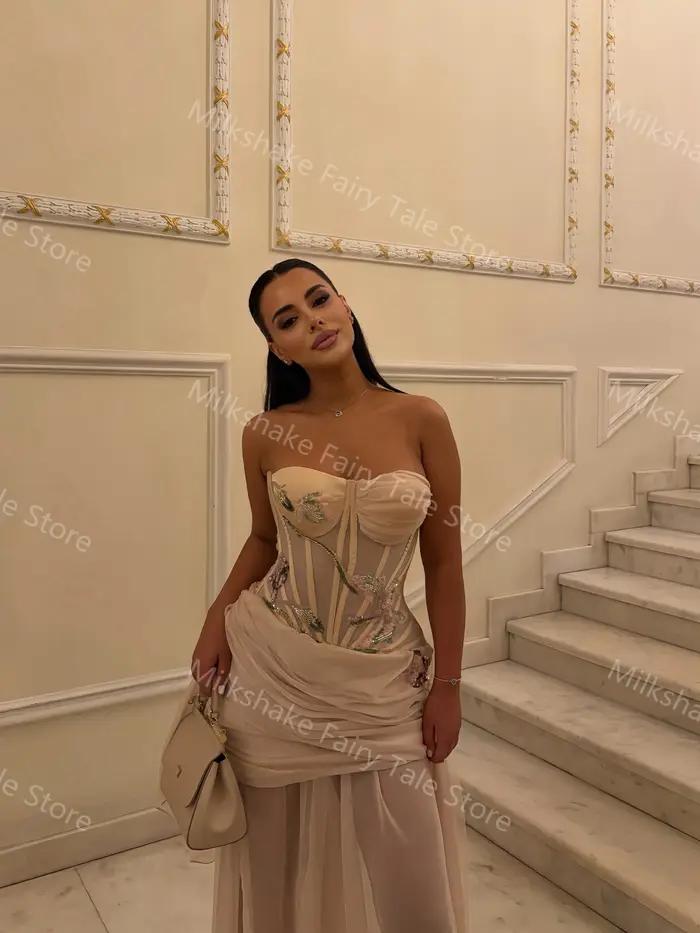 Robes de soirée champagne coupe trapèze, sans manches, avec appliques, en mousseline, longueur ras du sol, personnalisables pour occasions spéciales