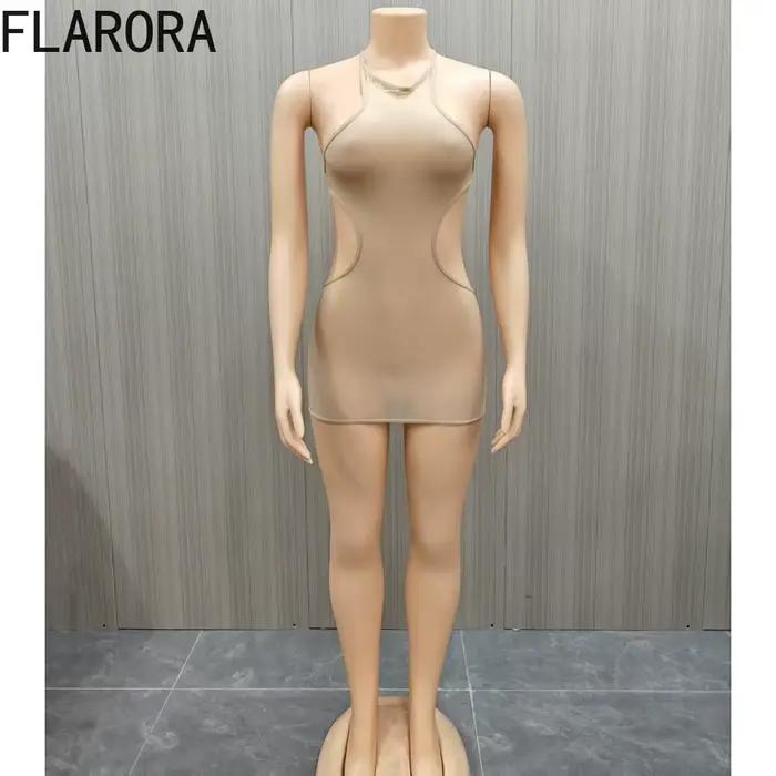 FLARORA Robe Mini Sexy Halter Dos Nu Femme en Maille Transparente Sans Manches Moulante pour Soirées Clubbing et Fêtes Nocturnes