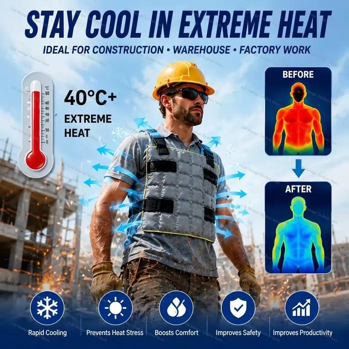 Gilet de refroidissement par évaporation à injection d'eau, enveloppement corporel réutilisable à absorption automatique avec blocs de glace, idéal pour les travaux de construction en été sous les for