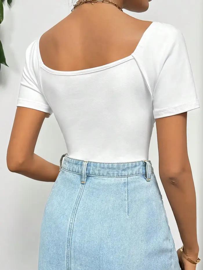 Body blanc froncé à col carré et manches courtes, haut basique décontracté extensible et ajusté pour femme
