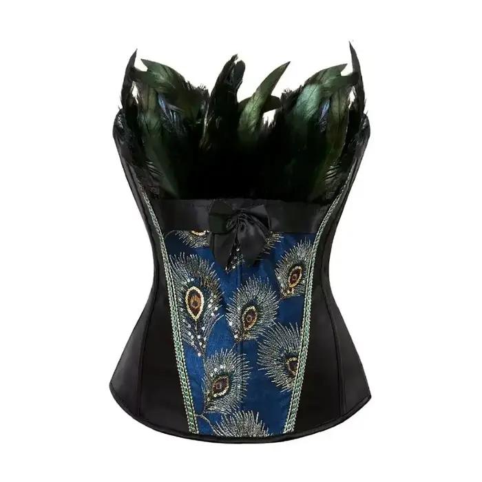 Femmes Sexy noir Corset paon plume broderie Vintage bleu Bustier gothique Shaperwear Burlesque surbuste à lacets Corsets