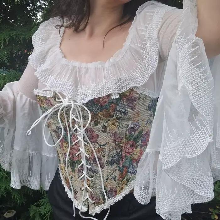 Mignon Vintage Floral Jacquard Corset broderie haut bustier rétro arête de poisson à lacets