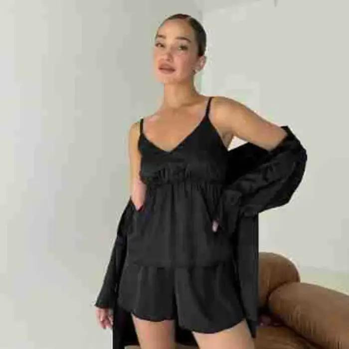 Nouvel ensemble pyjama 3 pièces en satin 2026 pour femme : robe sexy à manches longues + caraco + short – Tenue d'été