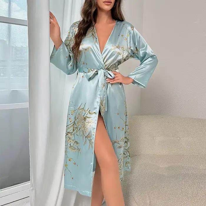 Vert imprimé vêtements de nuit femmes Sexy longue Kimono Robe col en v